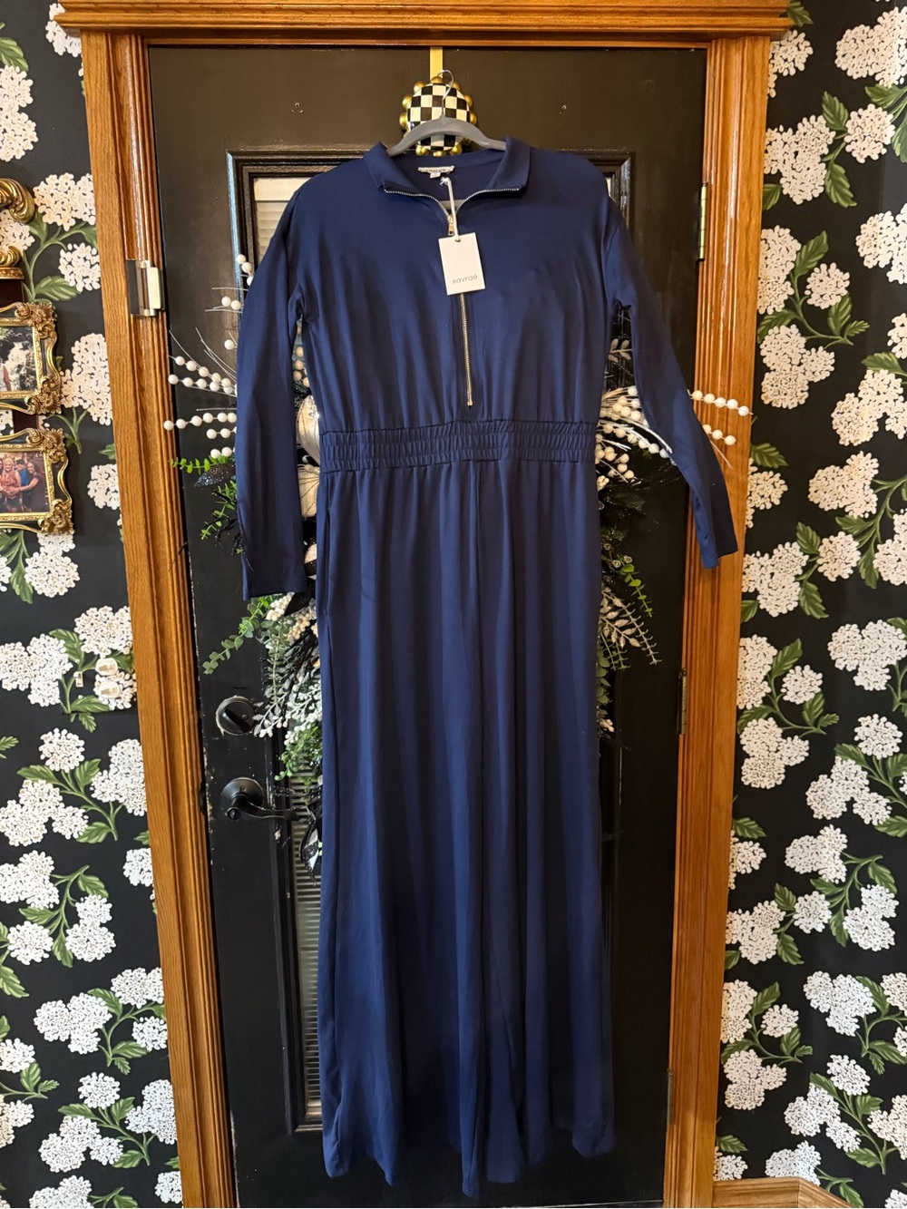 NEW-Classic Navy Long-Sleeve Zip-Front Jumpsuit